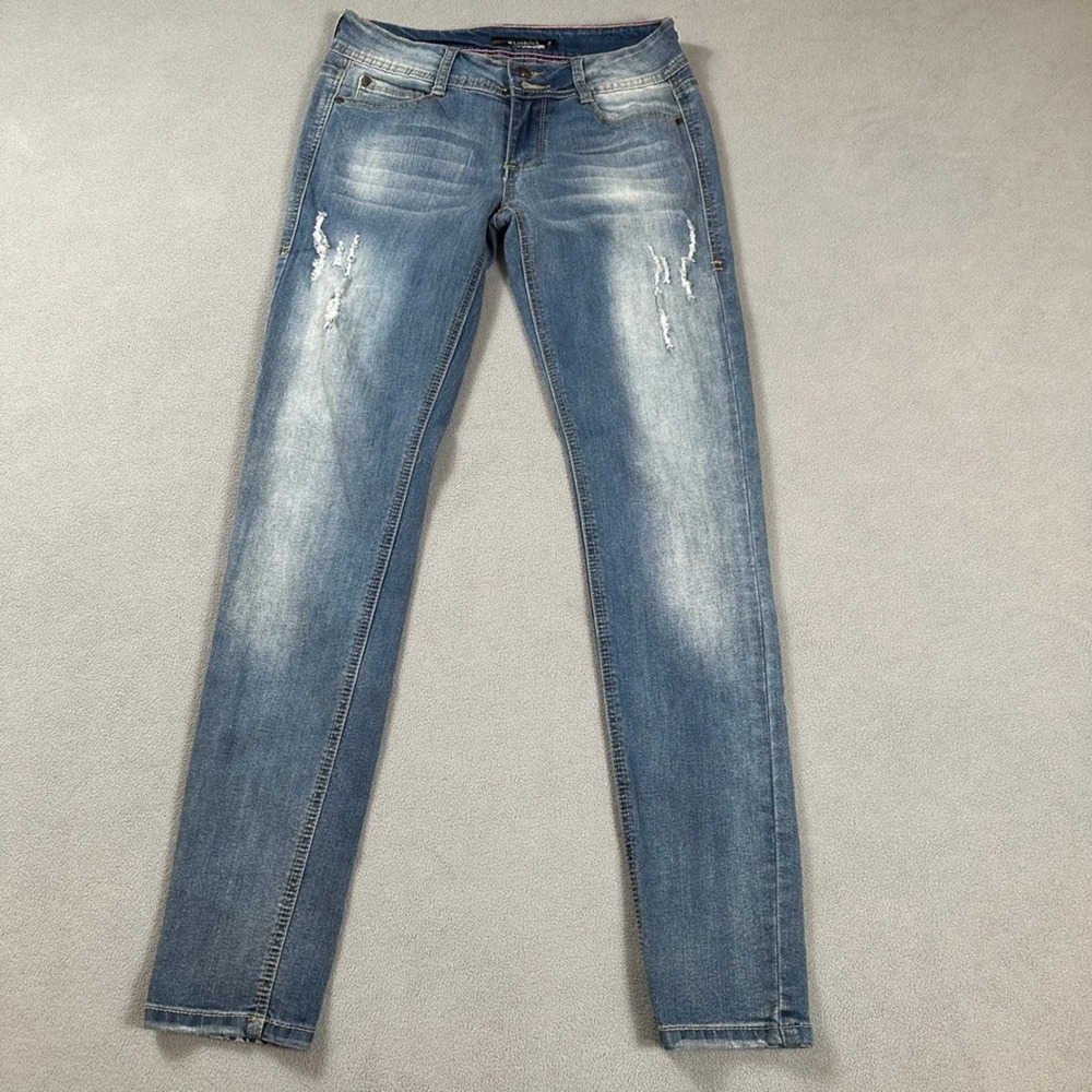 Lovesick Women Blue Distressed Low Rise Skinny Jeans Double Button Size 28x30